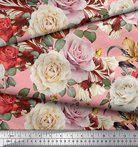 Плат от futon джърси Soimoi розов цвят, с листа и розови цветя принтом ширина 58 см