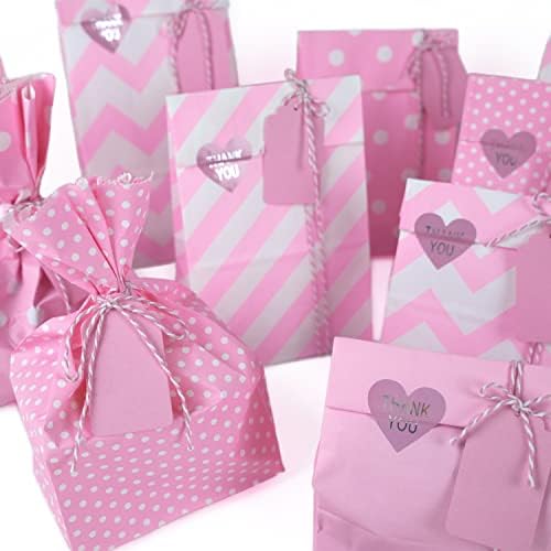 SMINTINE 30 Опаковки Розови подарък пакети със стикери Благодаря Хартиени Етикети Розово-Бели Памучни Хлебни