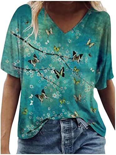 Блузи с Принтом пеперуди за Юноши и девойки, Есен-Лято, Ежедневни Блузи с Къс Ръкав и Деколте, Тениски За Момичета, QU
