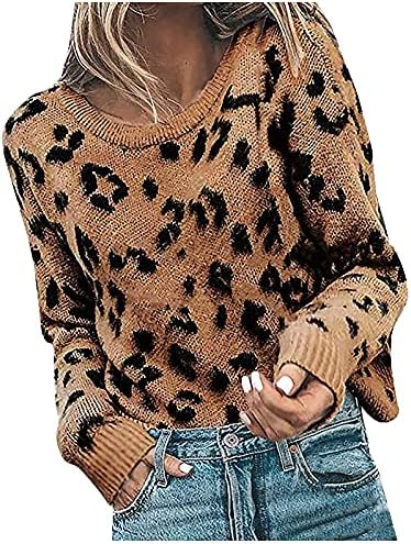 Дамски пуловери Оверсайз Ymosrh, Свободна Вязаная Блуза-Пуловер с V-Образно деколте и дълъг ръкав с Принтом