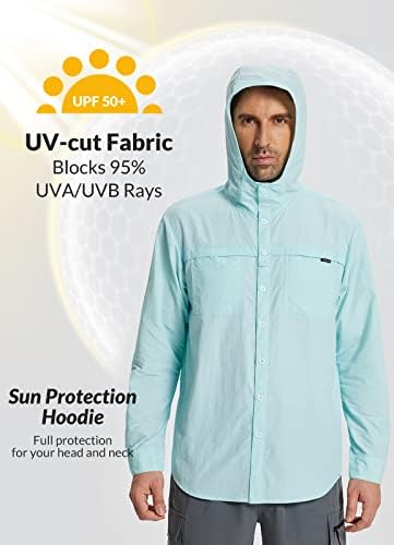 BALEAF Мъжки UPF 50+ Ежедневни Ризи с копчета, Hoody С Качулка, Слънцезащитен Крем с SPF Дълъг Ръкав, Бързосъхнеща UV-Защита, Пътуване, Сафари, Пешеходен Туризъм