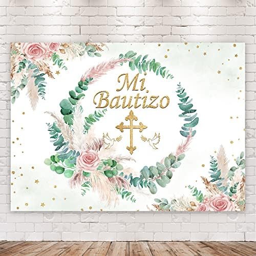 Riyidecor Mi Bautizo Банер Знак Фон Кръщение, Бог да Благослови Първото Свето Причастие Бохо Розово Пампасный