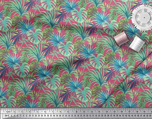 Soimoi Розов памучен трикотажная плат с принтом тропически листа с ширина 58 см