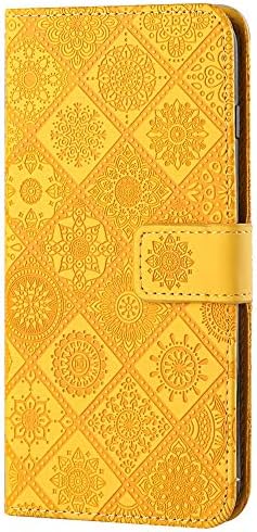 Чанта-портфейл XYX за Samsung A21, ретро чанта за носене-за награда от изкуствена кожа с релефни във формата на цвете, панти калъф-награда за Galaxy A21, жълт
