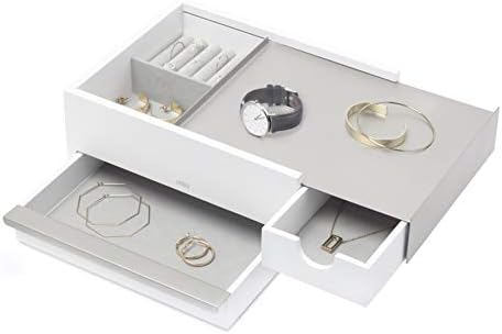 Ковчег за бижута Umbra Stowit - Модерен Органайзер за съхранение на сувенири със Скрити отделения за пръстени, Гривни, часовници, колиета, обици и аксесоари (Бял / Никел)