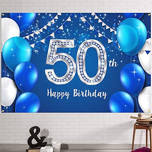 HAMIGAR 6x4ft Фон За банер с 50-годишнината от рождението и 50-Годишни Украса за Рожден Ден, Вечер, за да проверите за Жени и Мъже - Син Сребрист