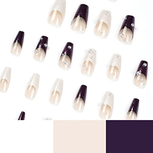 Френските Въздушни ноктите със средна дължина, Бяло и лилаво Лепило Квадратна форма на Ноктите, Луксозен Дизайн