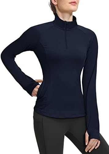 Жена Термо-мек вълнен плат Пуловер Hiverlay с дупка за палеца на цип и дълъг Ръкав за Джогинг, Риза за каране